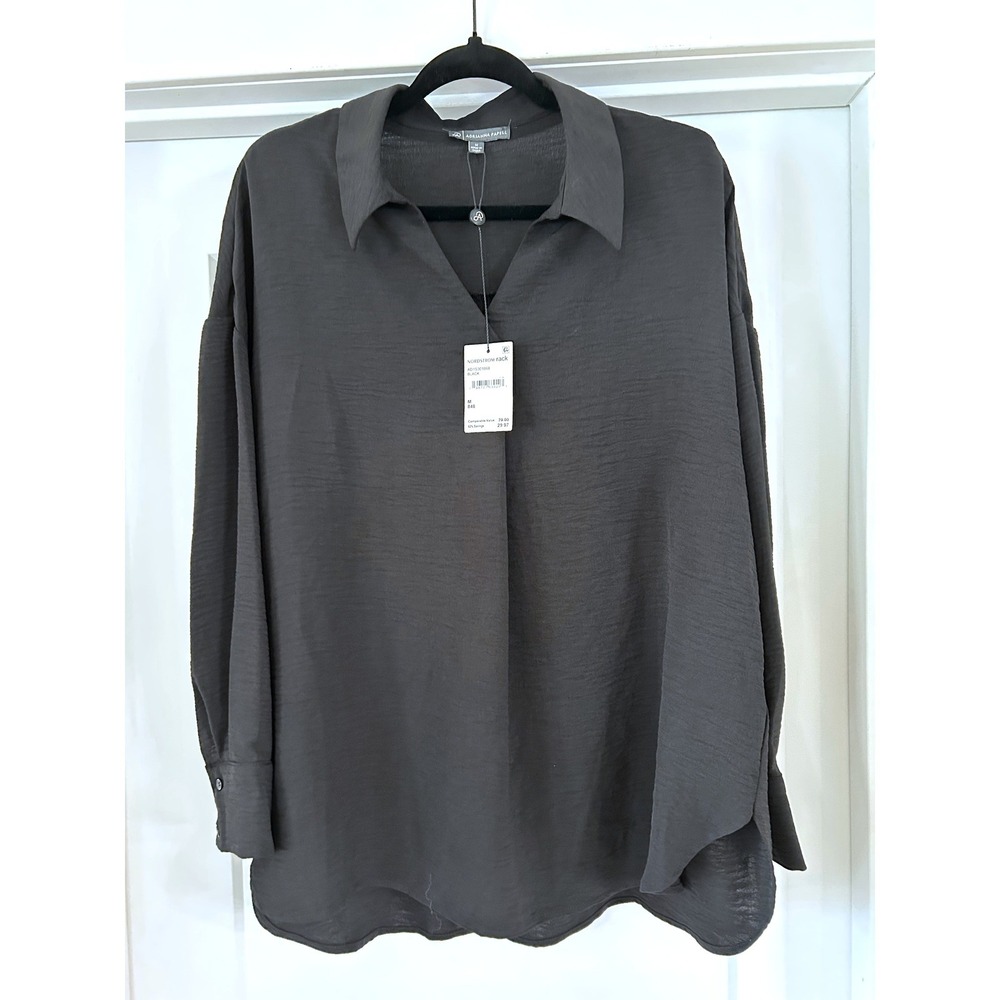 NEW Adrianna Papell Womens Black‎ Textured Long Sleeve V-Neck Blouse Medium